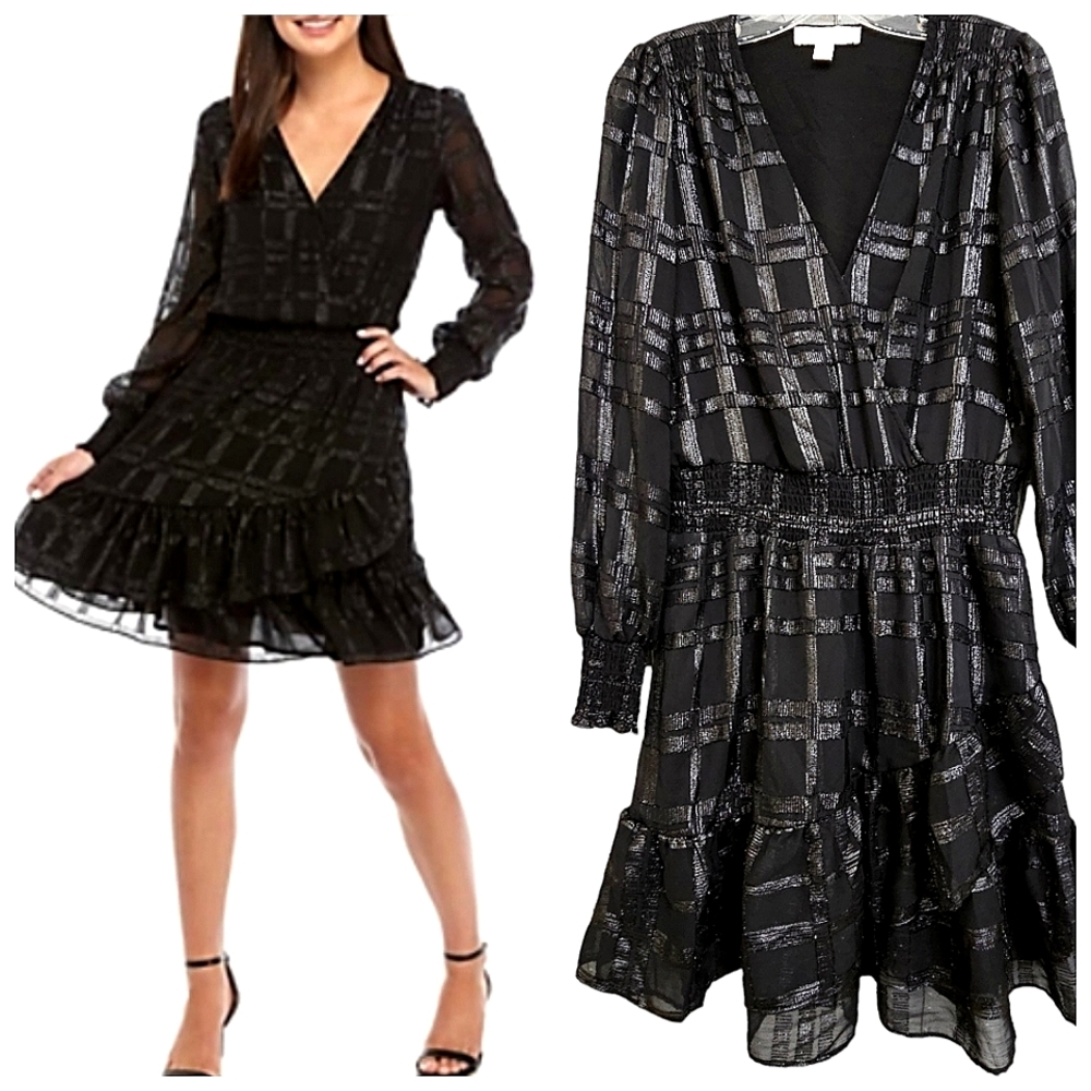 Michael Kors Nwot Black Plaid Jacquard Shimmer  Longsleeve Ruffled Chiffon Dress